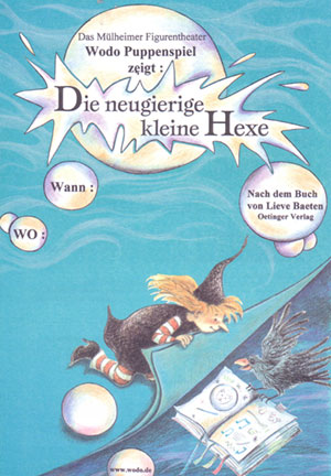 Plakat: Hexe Lilli zaubert Hexe Lisbet schaut auf eine Buch, dass ein Rabe in seinen Krallen hält
