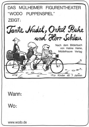 Zeichnung von Tante Nudel, Onkel Ruhe und
Herr Schlau auf einem Tandem