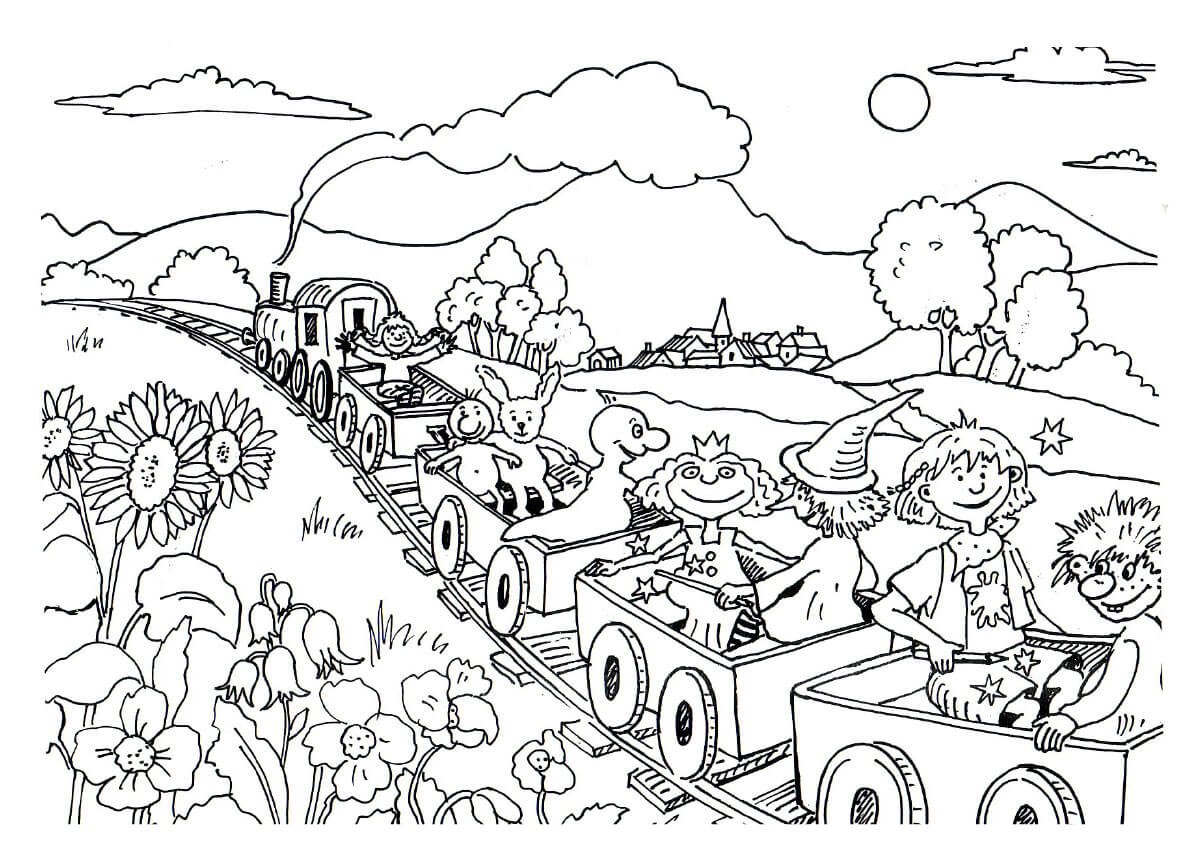 Figuter aus den Stücken sitzen in einem Zug und fahren durch die Landschaft.Unter anderem sind dabei: Das Sams, Hexe Lilly, Pippi Langstrumpf, Felix und die Stowis 